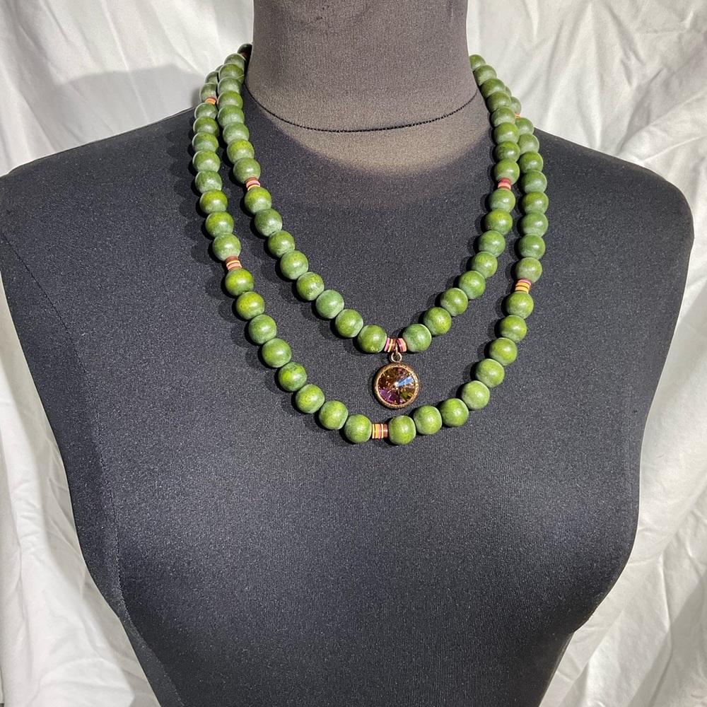 Unique green long wood beaded necklace